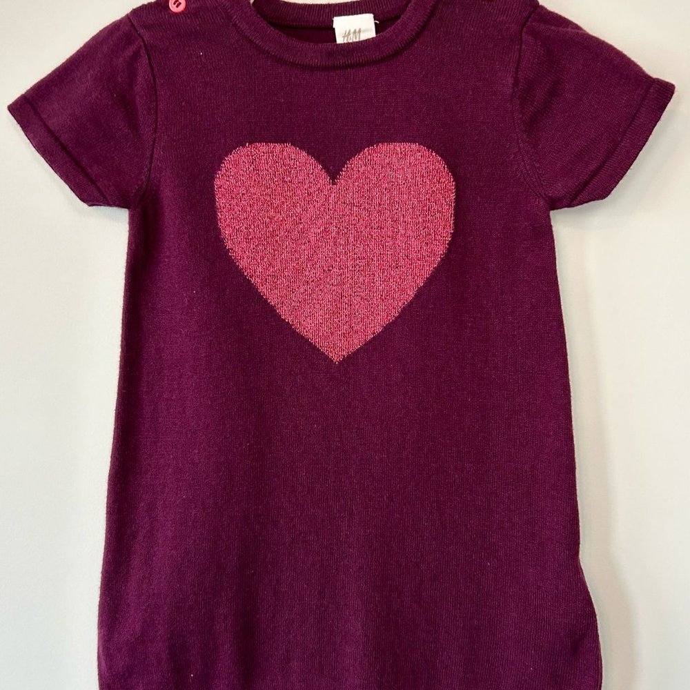 H&M Baby Girl Plum Purple, Heart Pattern Short Sleeve Knit Dress- Size 12-18M